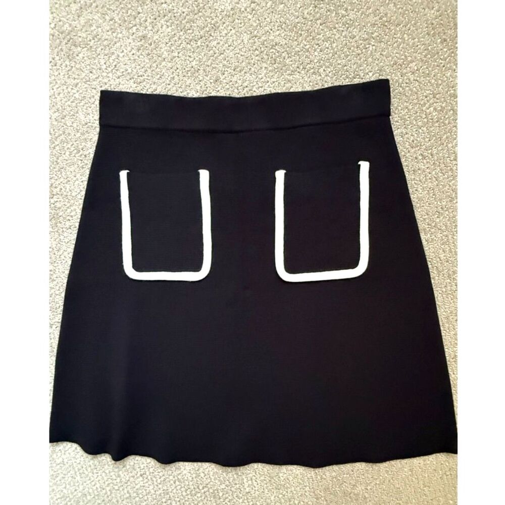 Zara Knit Black Mini Skirt White Contrast Trim Pockets Size L